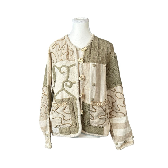 90s boho embroidered patchwork neutral jacket Sandy Starkman - Picture 1 of 6